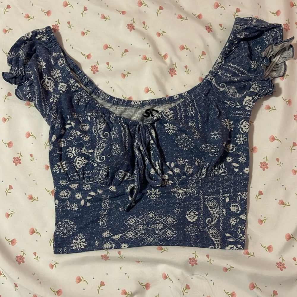 SO Blue and White Ruffled Cap Sleeve Crop Blouse